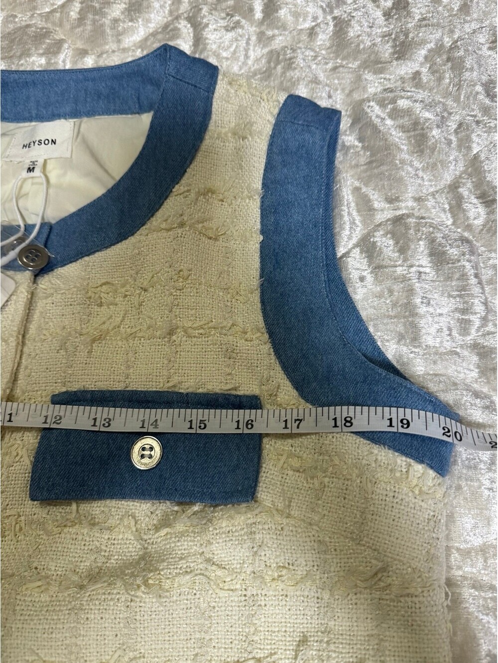 HEYSON women's ivory tweed denim trim sleeveless button front mini dress - Picture 7 of 9